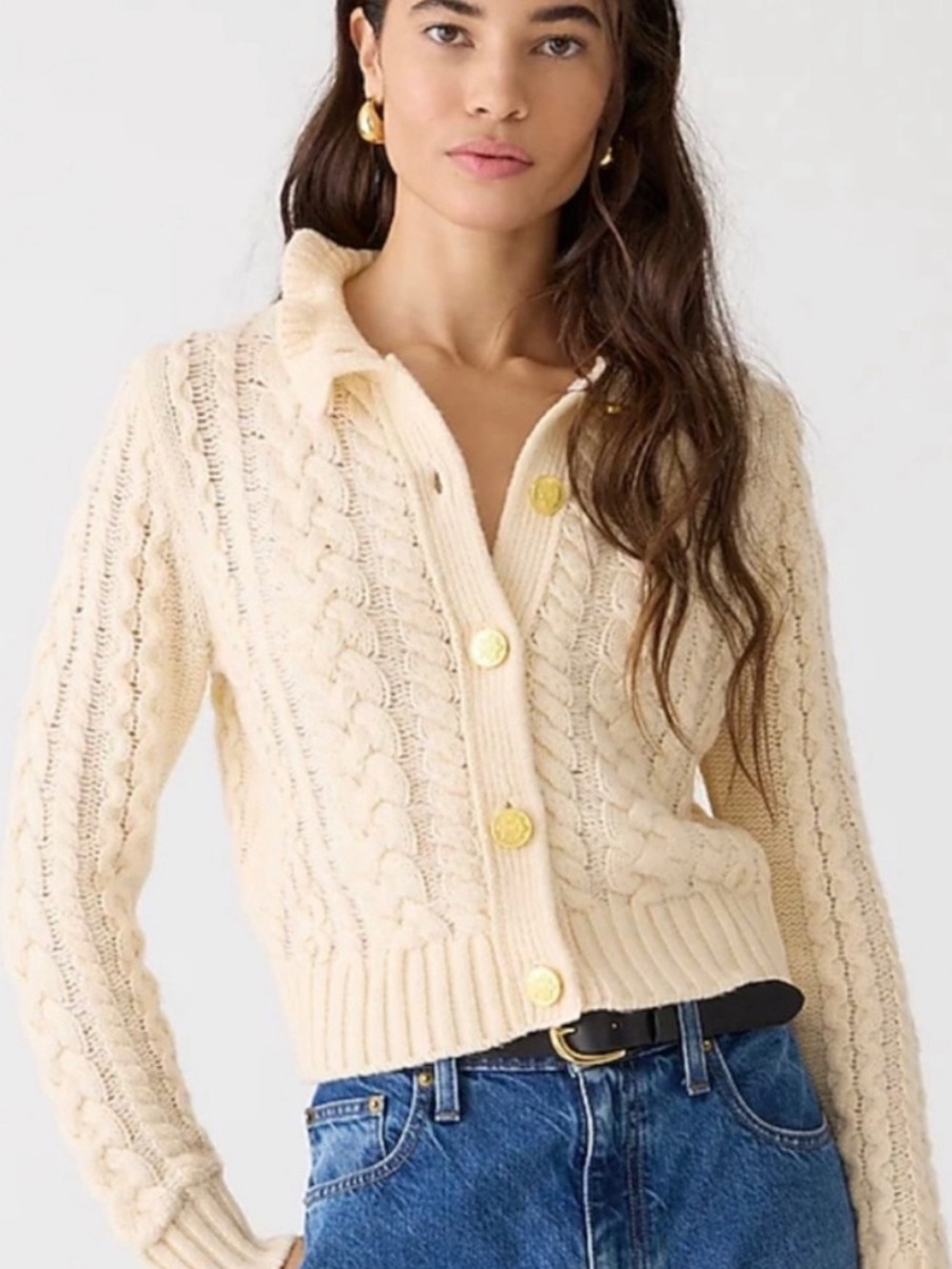J. Crew Cream Cable Knit Ruffle Neck Cardigan Sweater